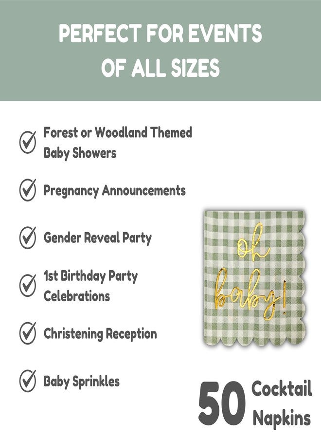 Cloverjoyed 'Oh Baby' Baby Shower Decorations, 50 Pack, Gold Oh Baby Napkins in Plaid Sage Green Pattern, Scalloped Edges, Sage Green Baby Shower Napkins, Neutral Gender Reveal Decorations - Image 2